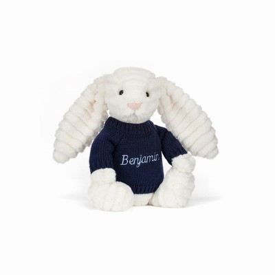 Jellycat Bashful Luxe Bunny Nimbus with Navy Jumper USA | 60348MQGD